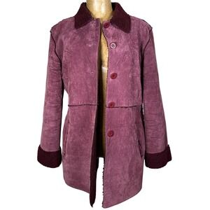 Burgundy Suede Sherpa Lined Coat Boho Women Borg Collar Leather Jacket Maroon